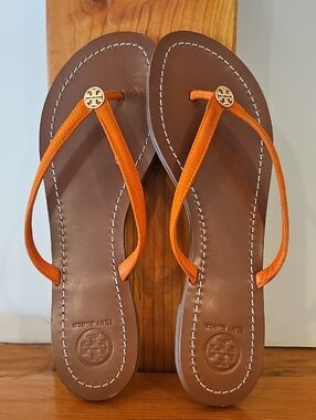 Tory Burch Orange Leather Thong Sandals with Gold Logo